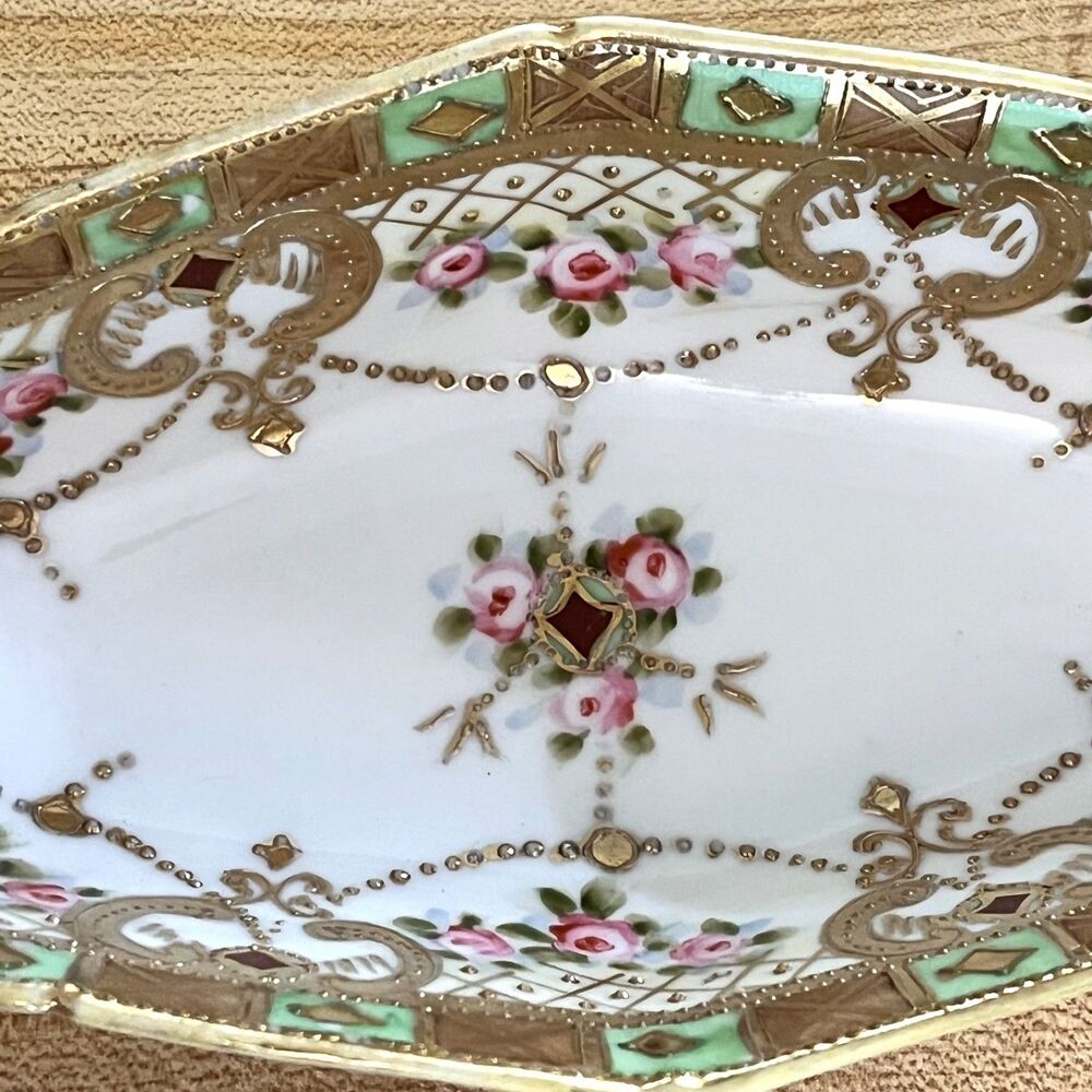 Nippon Celery Dish Hand Painted Flowers Gold Gilt Moriage Morimura 1920s 1930s